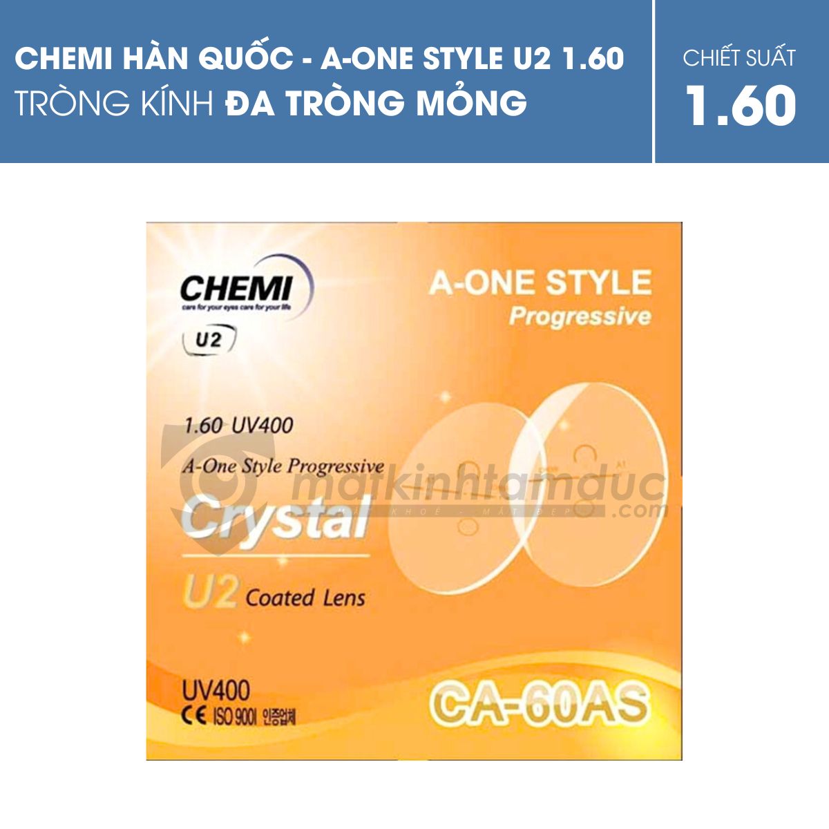 Tròng kính đa tròng Chemi UV400 A-One Style Crystal U2 Coated 1.60