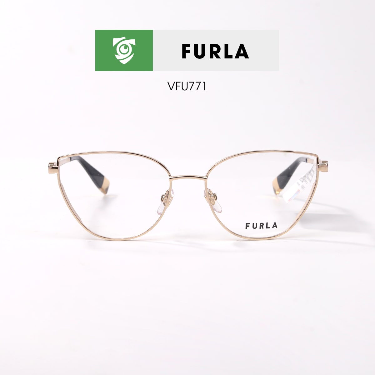 Gọng kính FURLA VFU771 300Y - màu đen bóng - khung kính tròn - hình chụp mặt trước sản phẩm