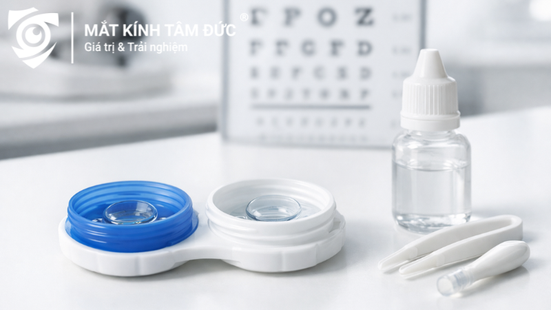 Kính áp tròng Ortho K và bộ dụng cụ chăm sóc đặt trên bàn tư vấn trong phòng khám mắt hiện đại