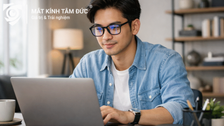 Người trẻ đeo tròng kính chống ánh sáng xanh khi làm việc với laptop trong không gian hiện đại